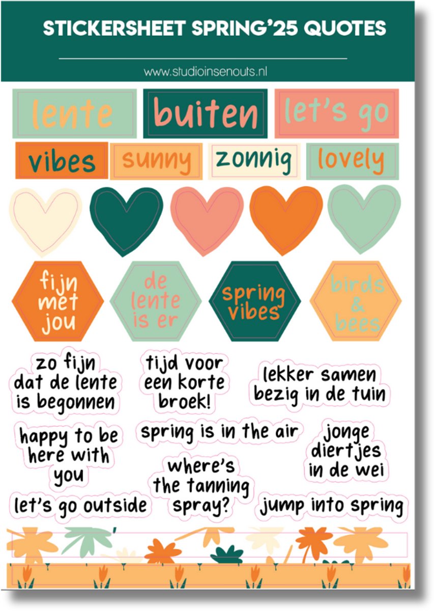 Studio Ins & Outs - Stickervel Quotes Lente 2025 - Tekststickers - Voorjaar Quotes en Hartjes - Voorjaar Kleuren - 27 Stickers