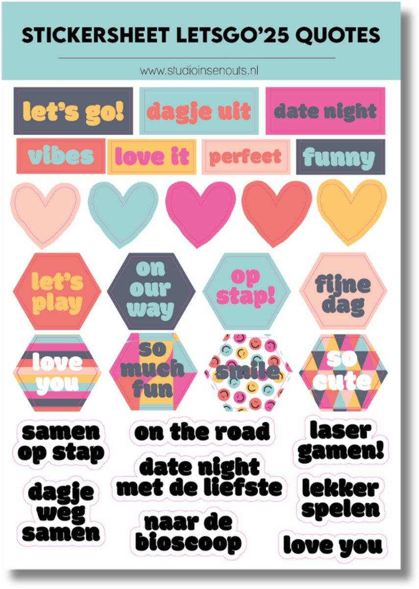 Studio Ins & Outs - Stickervel Quotes Lets Go 2025 - Tekststickers - Stickers Met Quotes, Uitjes & Hartjes - Vrolijke Kleuren - 27 Stickers