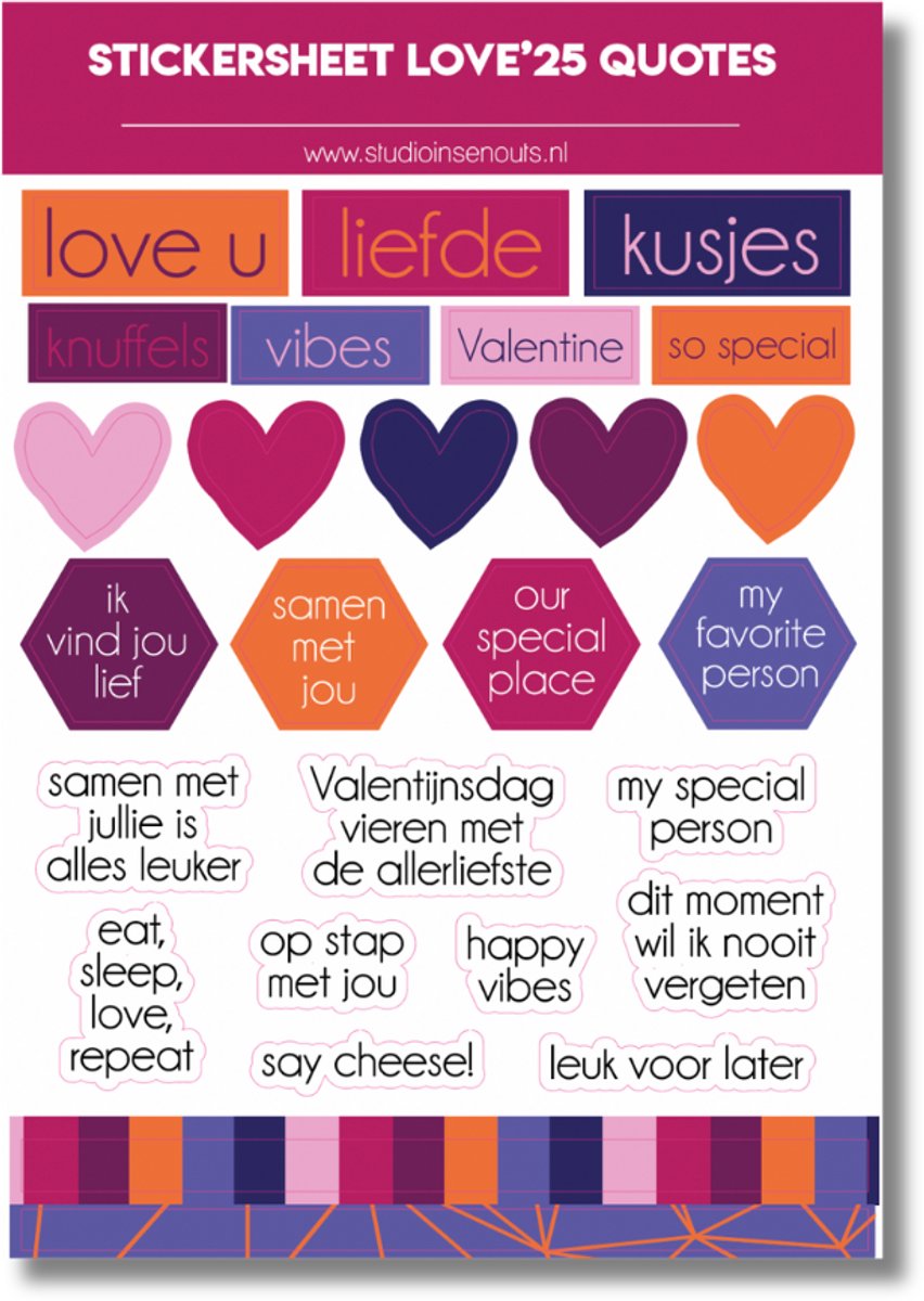 Studio Ins & Outs - Stickervel Quotes Love 2025 - Tekststickers - Stickers Met Quotes, Valentijn & Hartjes - Romantische Kleuren - 27 Stickers