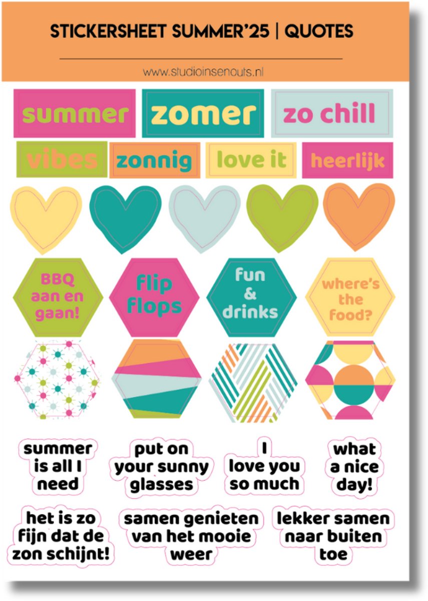 Studio Ins & Outs - Stickervel Quotes Summer25 - Tekststickers - Stickers Met Quotes, Zomer & Hartjes - Zonnige Kleuren - 27 Stickers