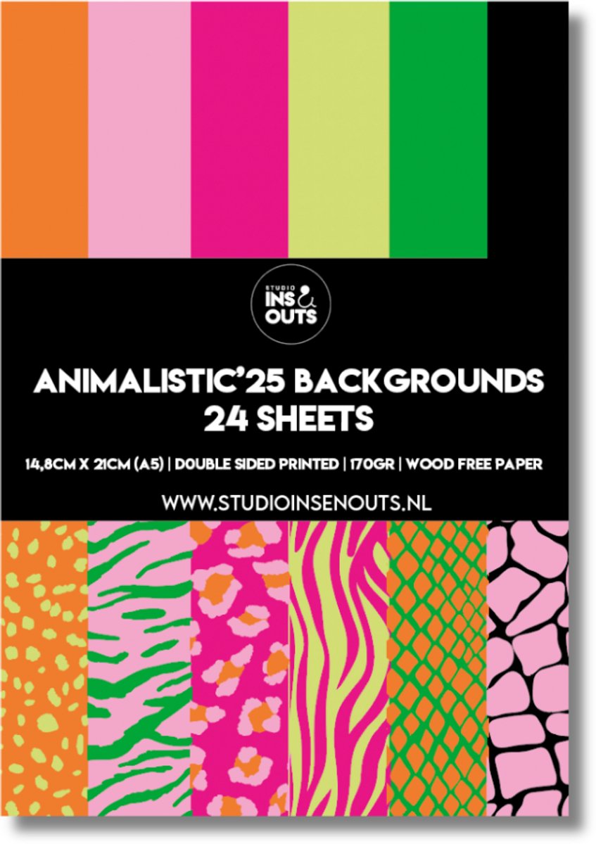 Studio Ins & Outs Paperpad Animalistic25 - Paper Pack - Scrapbook Papier - Papierblok - Designpapier - Patroonpapier - Oranje Roze Groen Fuchsia - 24 vellen