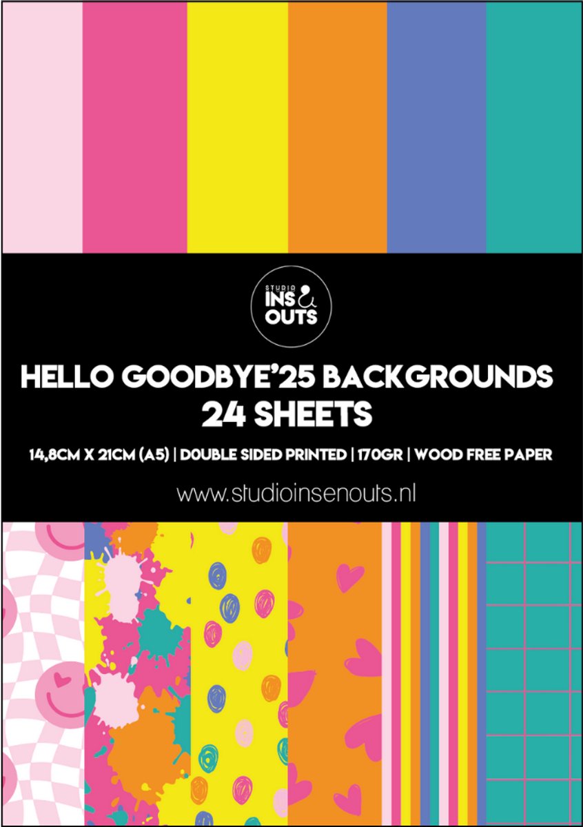 Studio Ins & Outs Paperpad Hello Goodbye25 - Paper Pack - Scrapbook Papier - Papierblok - Designpapier - Patroonpapier - Roze Geel Oranje Blauw Turquoise - 24 vellen