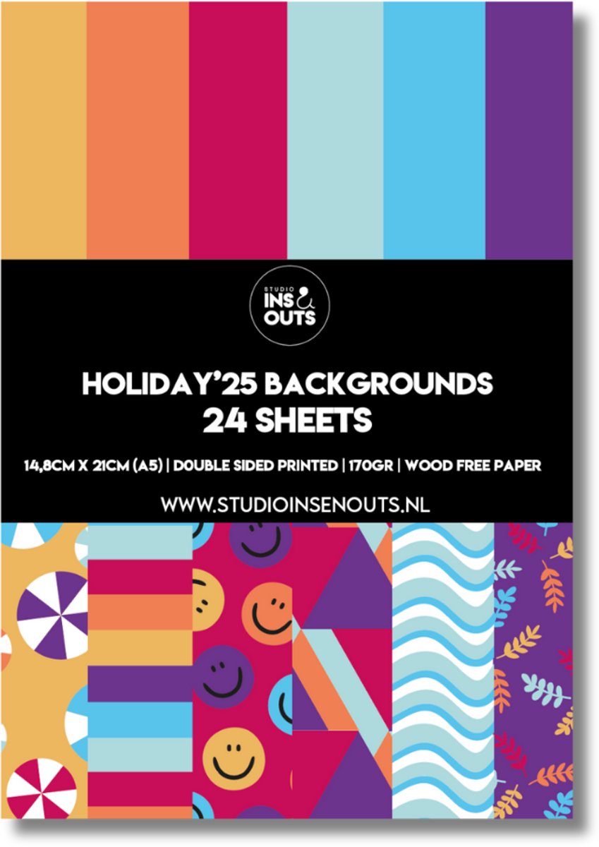 Studio Ins & Outs Paperpad Holiday25 - Paper Pack - Scrapbook Papier - Papierblok - Designpapier - Patroonpapier - Geel Oranje Fuchsia Lichtblauw Blauw Paars - 24 vellen