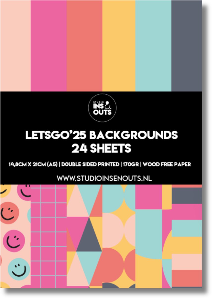 Studio Ins & Outs Paperpad Lets Go 2025 - Paper Pack - Scrapbook Papier - Papierblok - Designpapier - Patroonpapier - Zalmroze Roze Geel Lichtblauw Grijs - 24 vellen