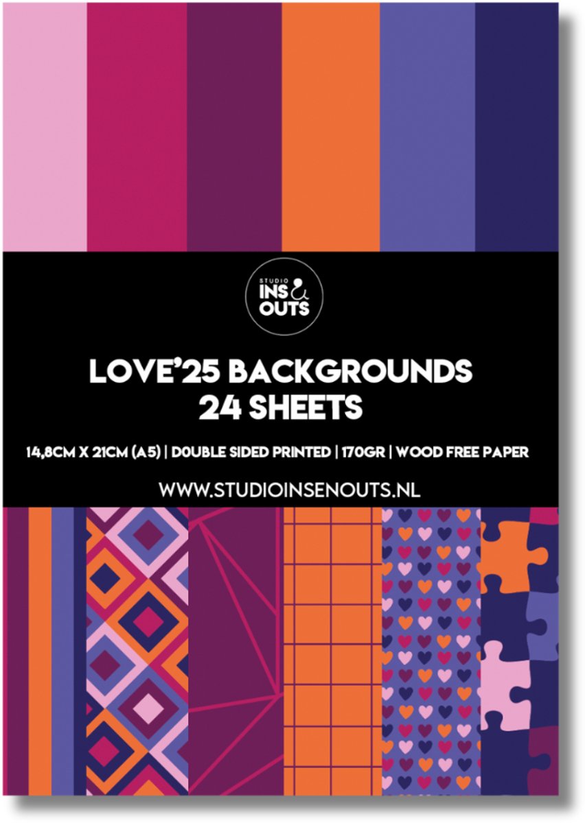 Studio Ins & Outs Paperpad Love 2025 - Paper Pack - Scrapbook Papier - Papierblok - Designpapier - Patroonpapier - Roze Paars Oranje Blauw - 24 vellen