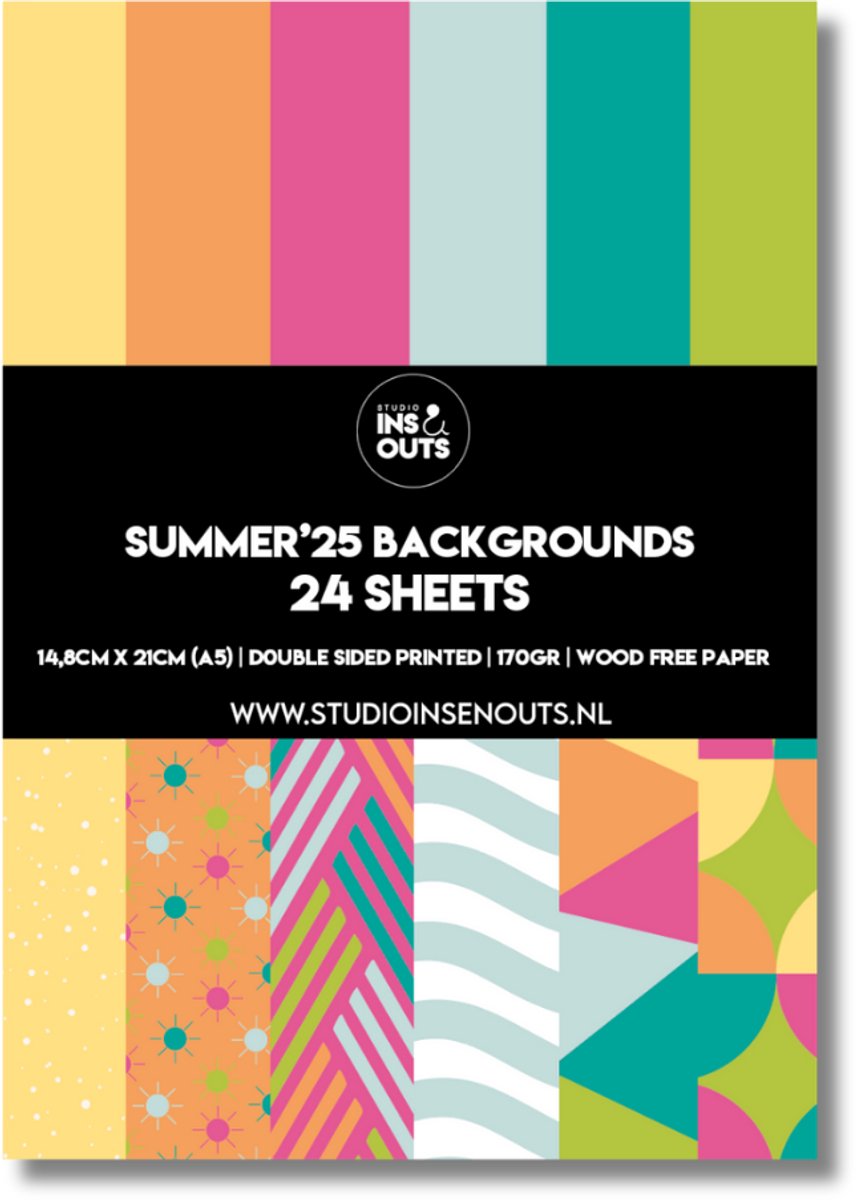 Studio Ins & Outs Paperpad Summer25 - Paper Pack - Scrapbook Papier - Papierblok - Designpapier - Patroonpapier - Geel Oranje Roze Lichtblauw Mintgroen - 24 vellen
