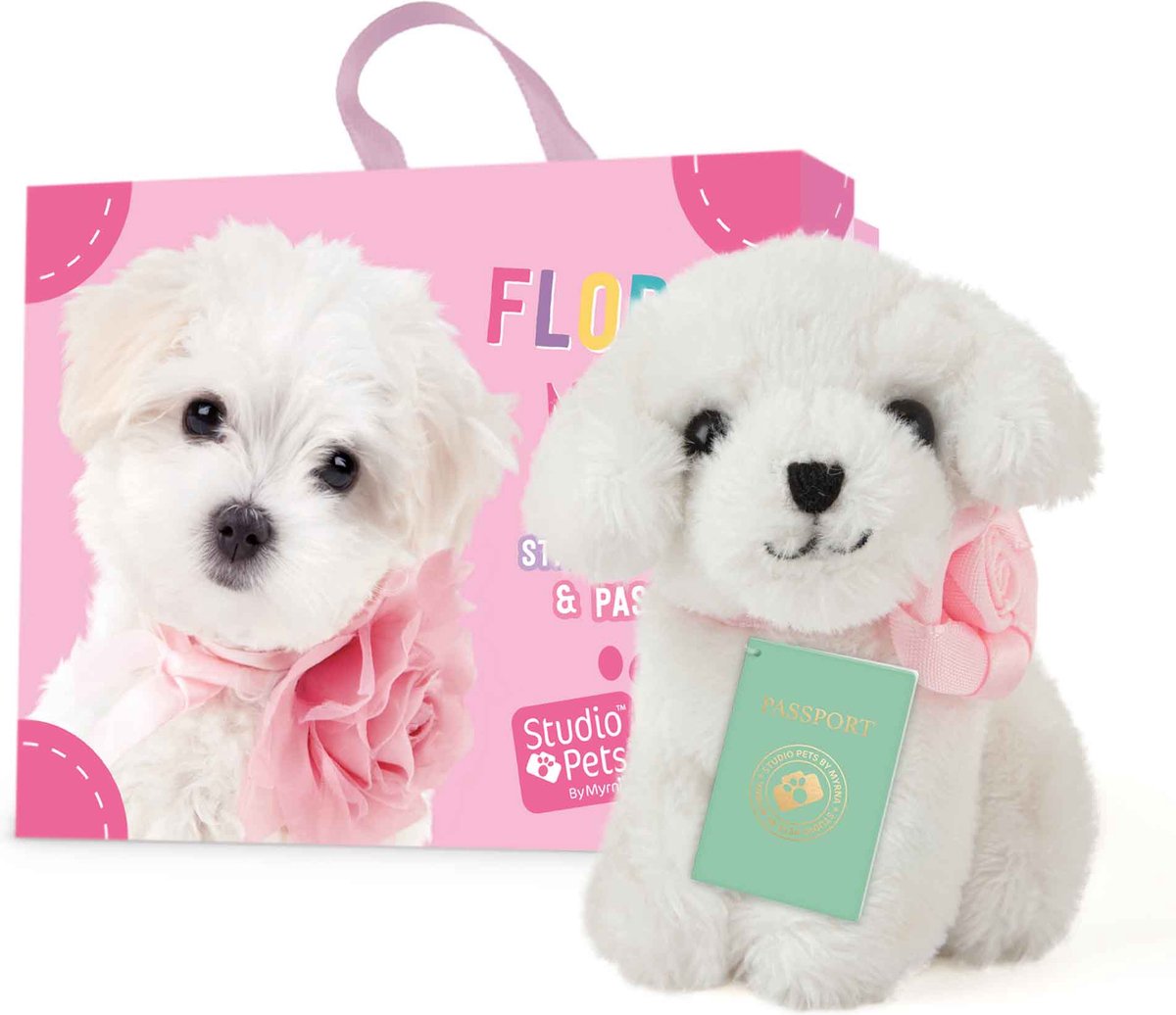 Studio Pets® Mini Hond Knuffel Maltezer Flora (8cm) met Koffer, Paspoort en Stickerboek