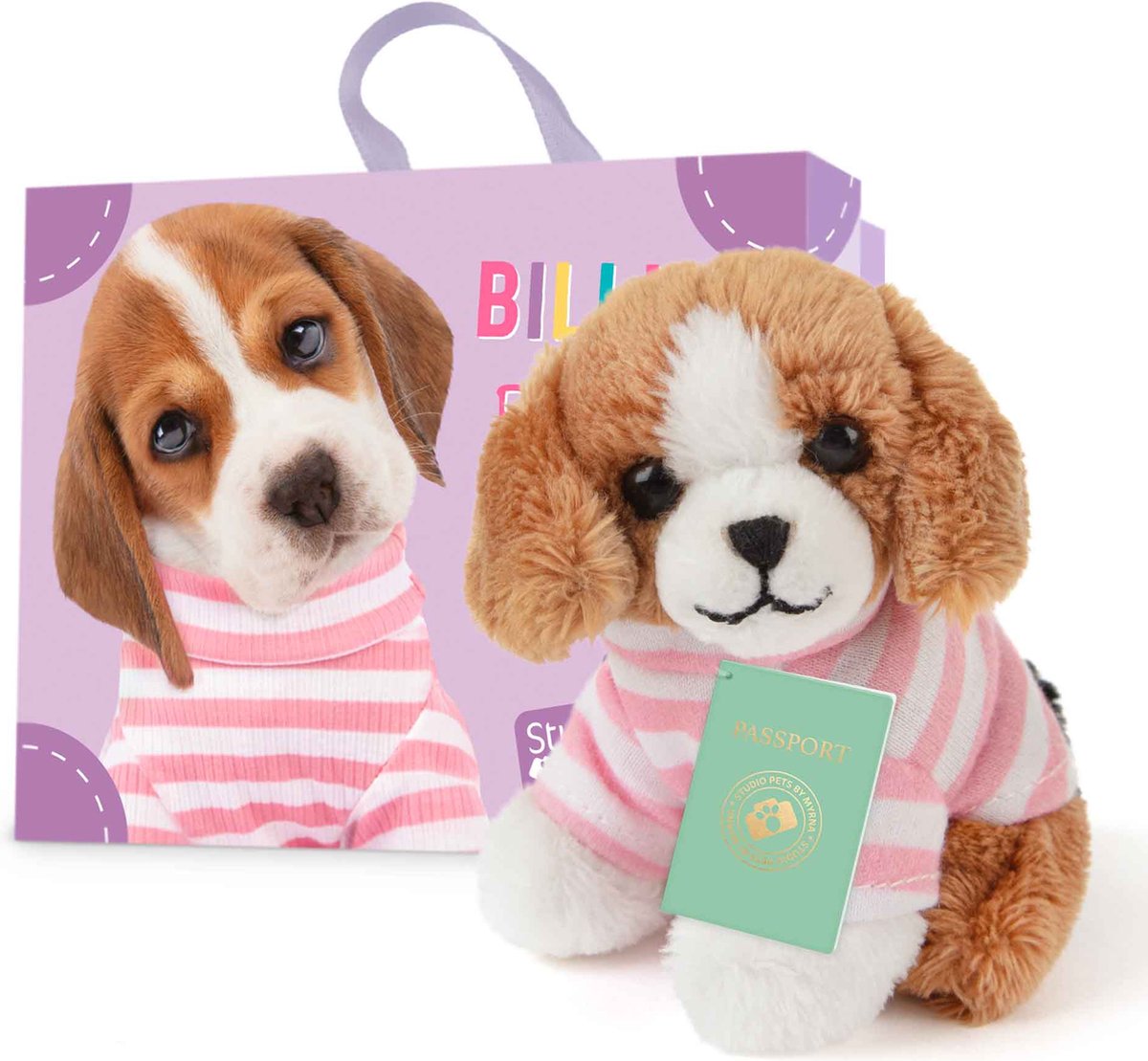 Studio Pets® Mini Knuffel Hond Beagle Billie (8cm) met Koffer, Paspoort en Stickerboek