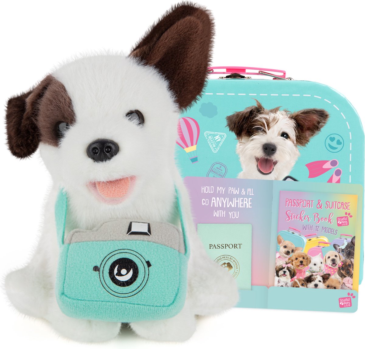 Studio Pets® Set van Knuffel Kruising Mix Hond Muttsy (16cm) met Turquoise Koffer, Paspoort en Stickerboek