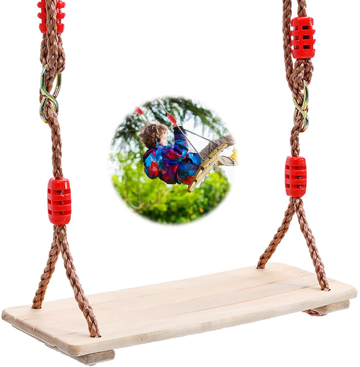 Stunq® Houten schommel met verstelbaar touw voor tuin en binnen gebruik, Bruin