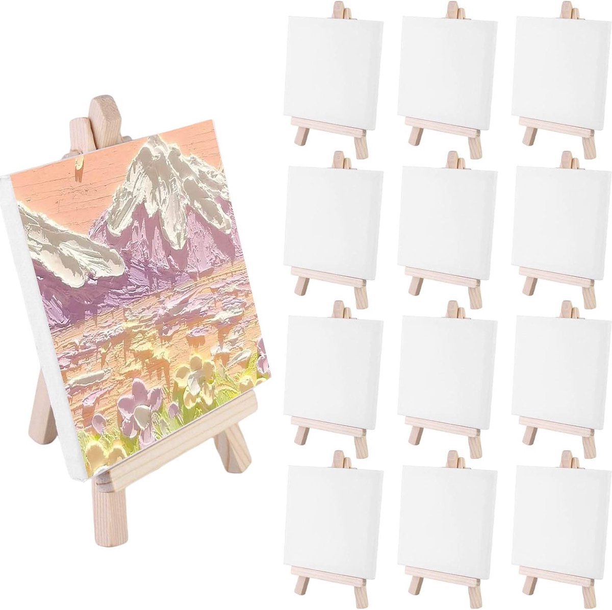 Stunq® Mini canvas ezel hout, 12 stuks mini-canvas met ezel, mini-schildersezelset, mini-schildersezel met canvas, mini-ezel hout met canvas voor display, tafeldecoratie, schilderen, knutselen