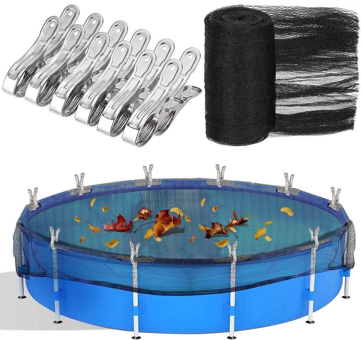 Stunq® Rond fijnmazig zwembadnet van 6x6 meter met metalen klemmen voor optimale bescherming
