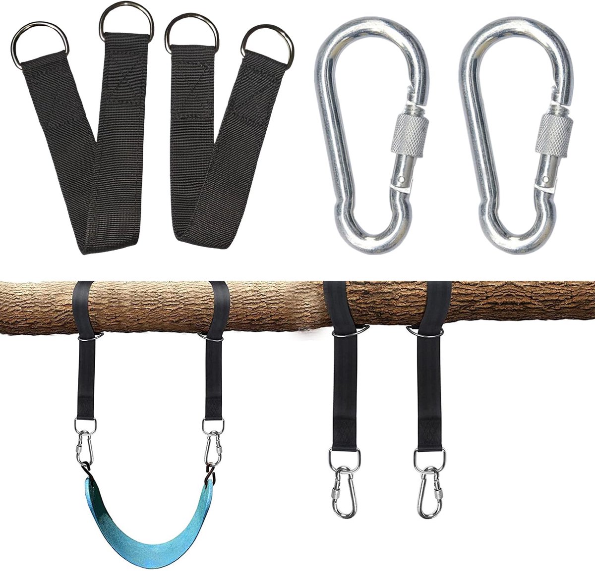  ® Universele ophangset voor schommels en hangmatten met karabijnhaken, Zwart