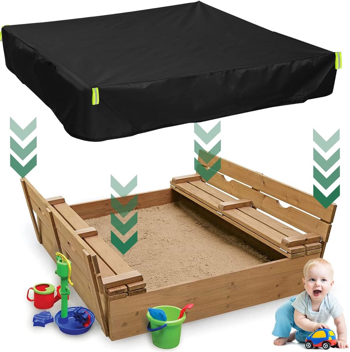 Stunq® Waterdichte zandbakafdekking van 150x150x20 cm Zeil zwart met trekkoord en reflecterend detail