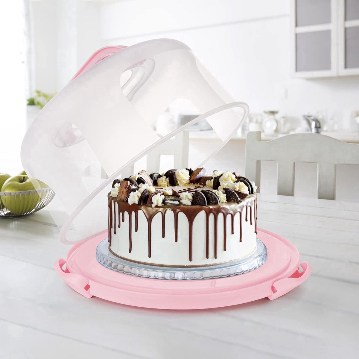 Stunq® taartdrager met draaggreep, 10 inch taarthouder, taartbutler met snijdsels, PP-kunststof, taartcontainer Ø 30 x 15 cm (roze)