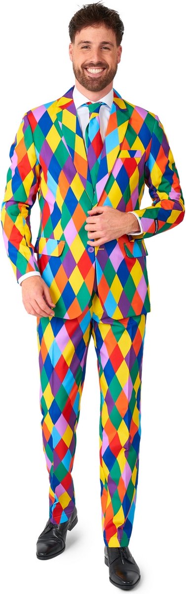 Suitmeister Harleclown - Heren Pak - Carnavalskleding - Kostuum - Clown Outfit - Inclusief Pantalon, Blazer en Stropdas - Multi Color - Maat: 2XL