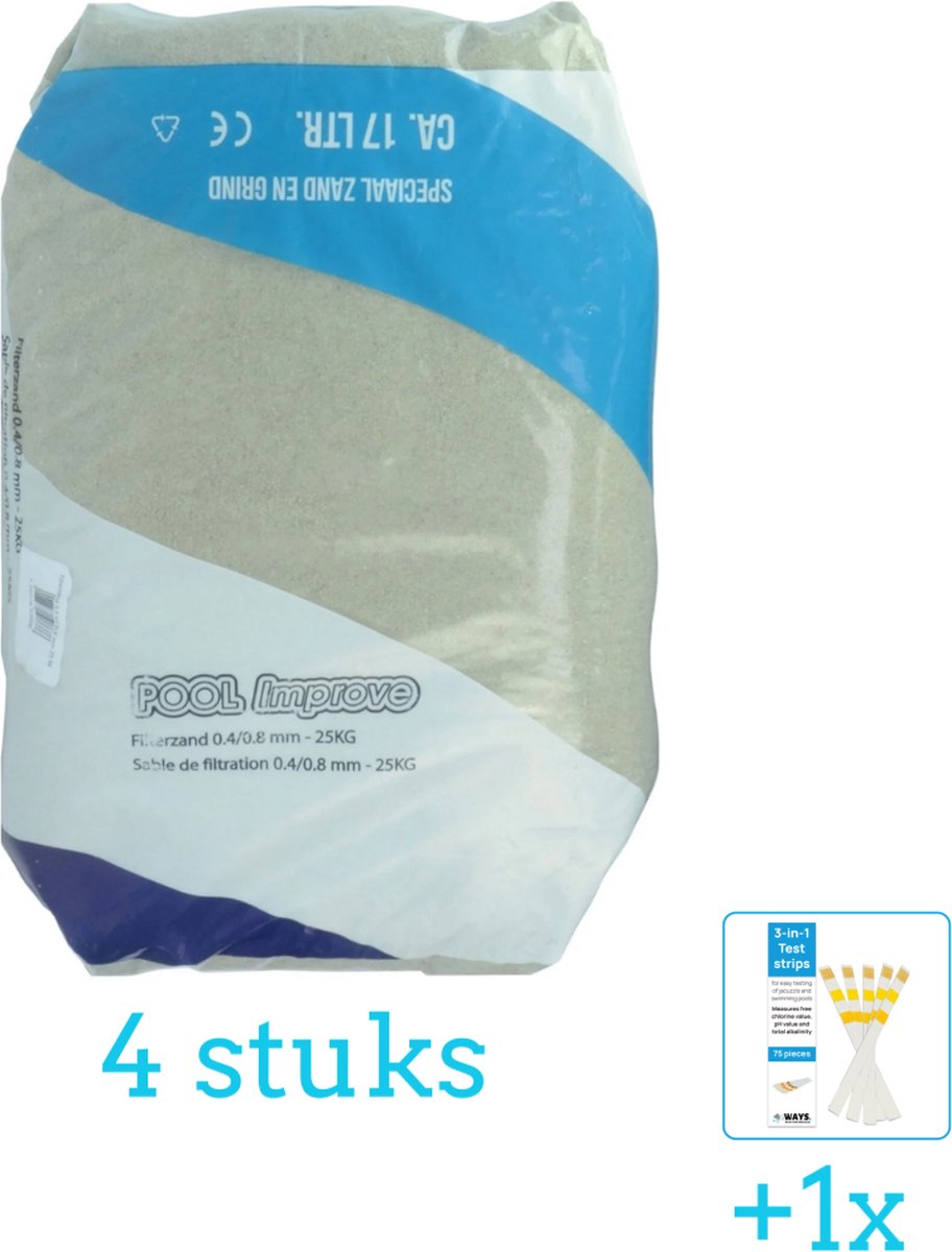 Pool Improve - Filterzand 25kg - 4 stuks - Voordeelverpakking - Inclusief WAYS Testrips (1 stuks) - Geschikt voor Intex en Bestway Zandfilterpomp