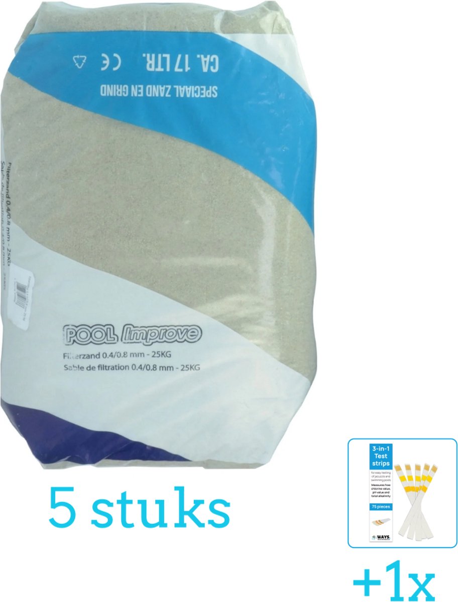 Pool Improve - Filterzand 25kg - 5 stuks - Voordeelverpakking - Inclusief WAYS Testrips (1 stuks) - Geschikt voor Intex en Bestway Zandfilterpomp
