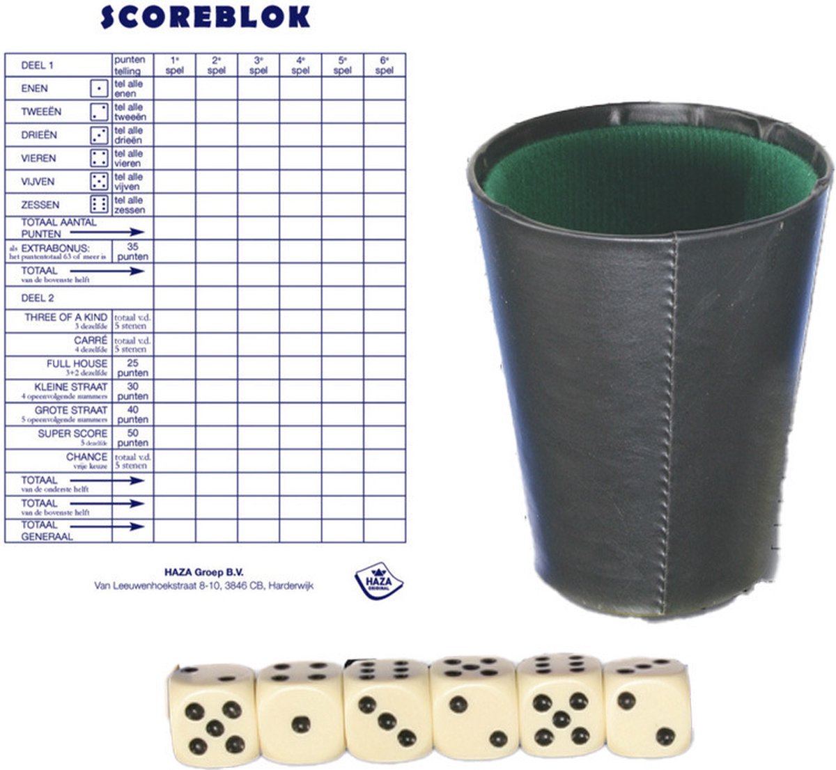 Dobbelspel met beker - incl 6x dobbelstenen en 2x scoreblok - speelset