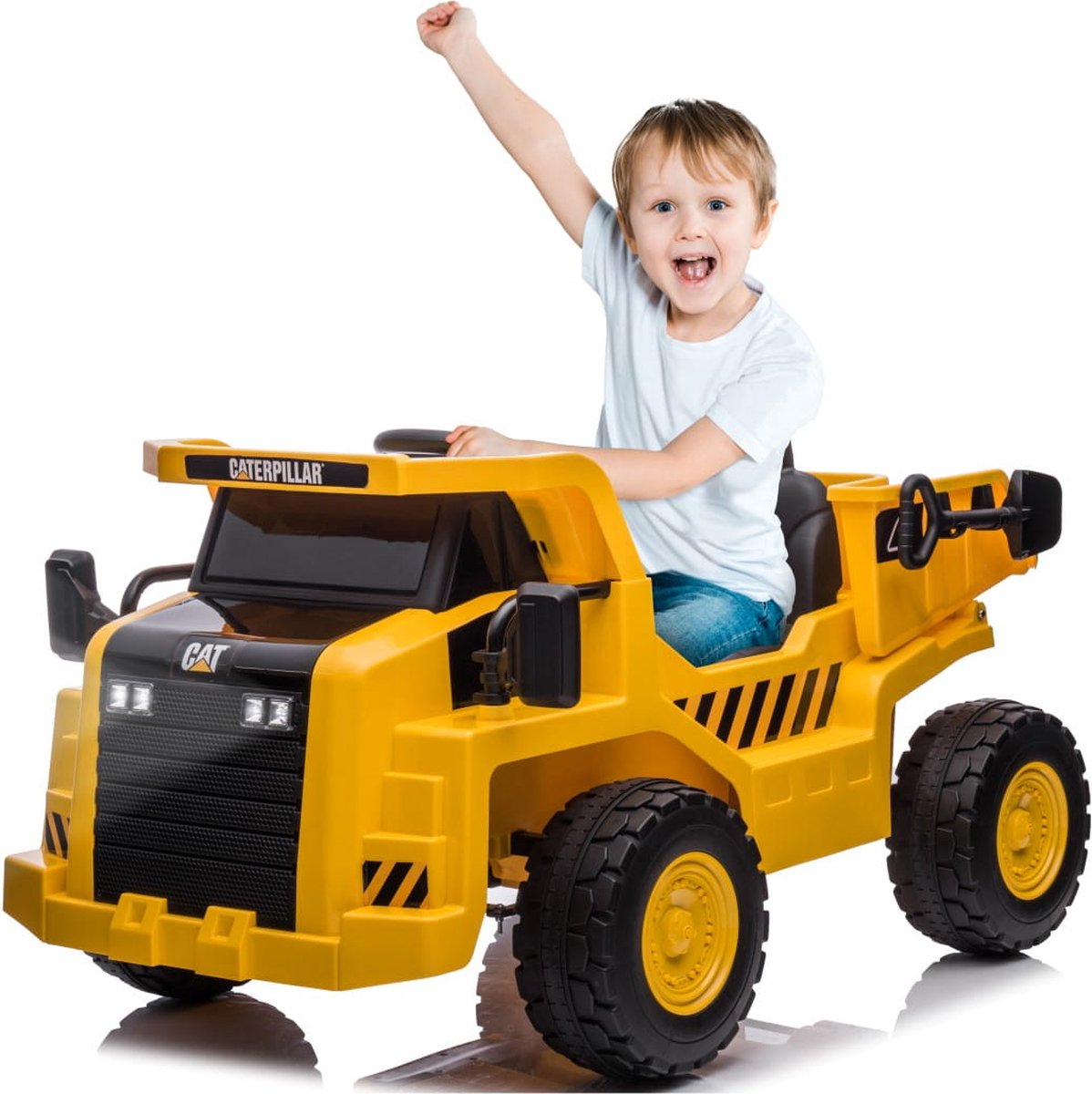 Elektrische Kiepwagen, kipper met batterij voor kinderen van 3 tot 6 jaar, motorgeluid, claxon, achteruitversnelling en vooruitversnelling (Geel)