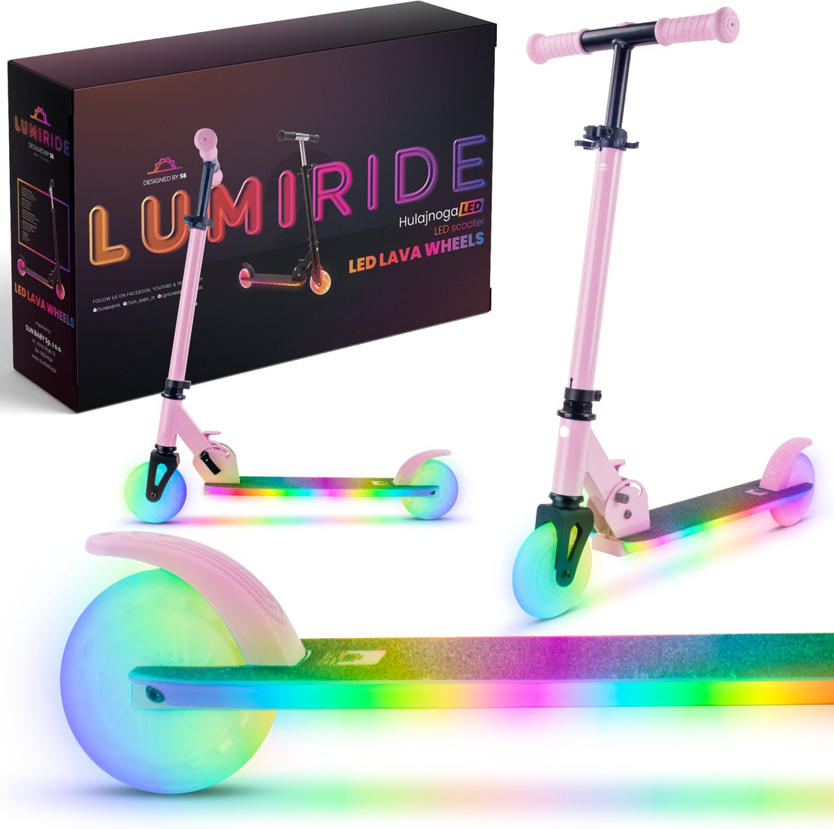 LUMI RIDE Kinderstep 2 wielen, Scooter voor kinderen vanaf 3 jaar, LED - 7 kleuren, 20 programma’s - 3 niveaus stuurverstelling, voetrem, afneembare handvatten (Roze)