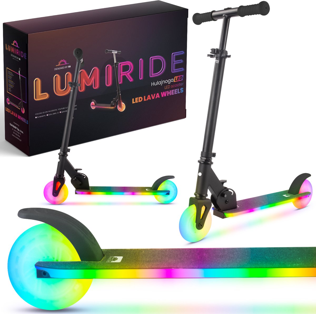 LUMI RIDE Kinderstep 2 wielen, Scooter voor kinderen vanaf 3 jaar, LED - 7 kleuren, 20 programma’s - 3 niveaus stuurverstelling, voetrem, afneembare handvatten (Zwart)