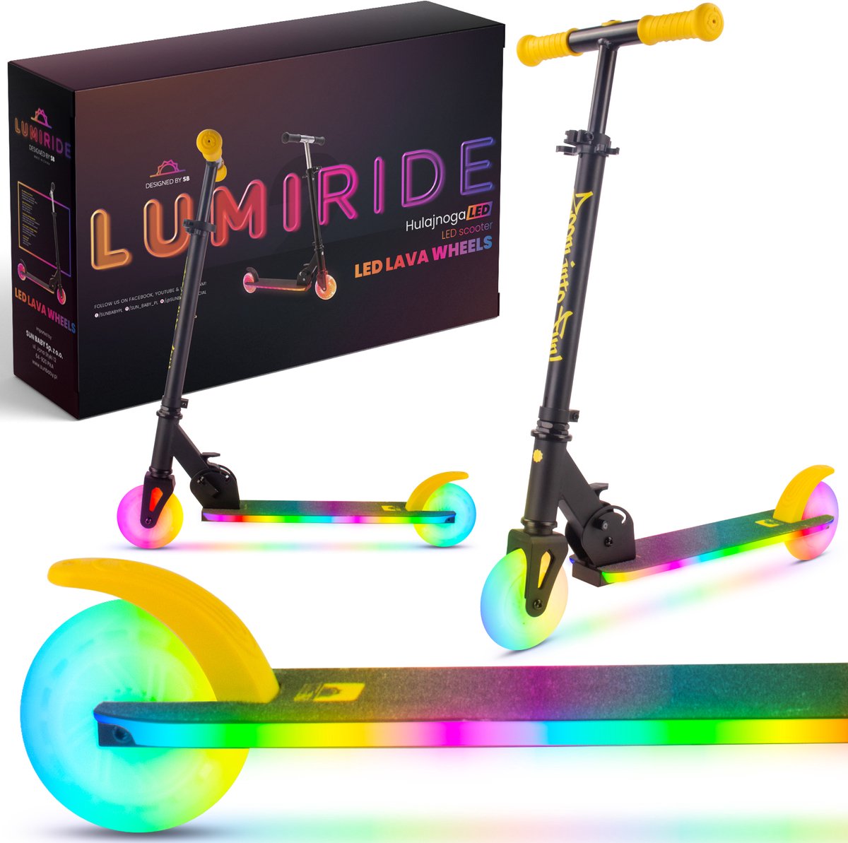 LUMI RIDE Kinderstep 2 wielen, Scooter voor kinderen vanaf 3 jaar, LED - 7 kleuren, 20 programma’s - 3 niveaus stuurverstelling, voetrem, afneembare handvatten (Zwart en geel)