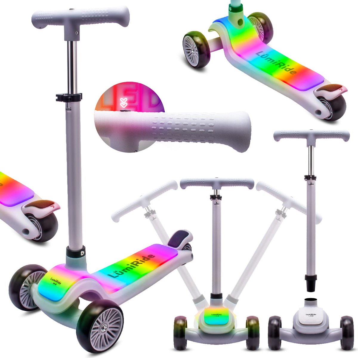 LUMI RIDE Kinderstep 3 wielen, Scooter voor kinderen driewieler, Grijs, Balance LED, Inklapbaar, Verstelbaar Stuur, Voetrem, Antislip Dek, Afneembaar Stuur