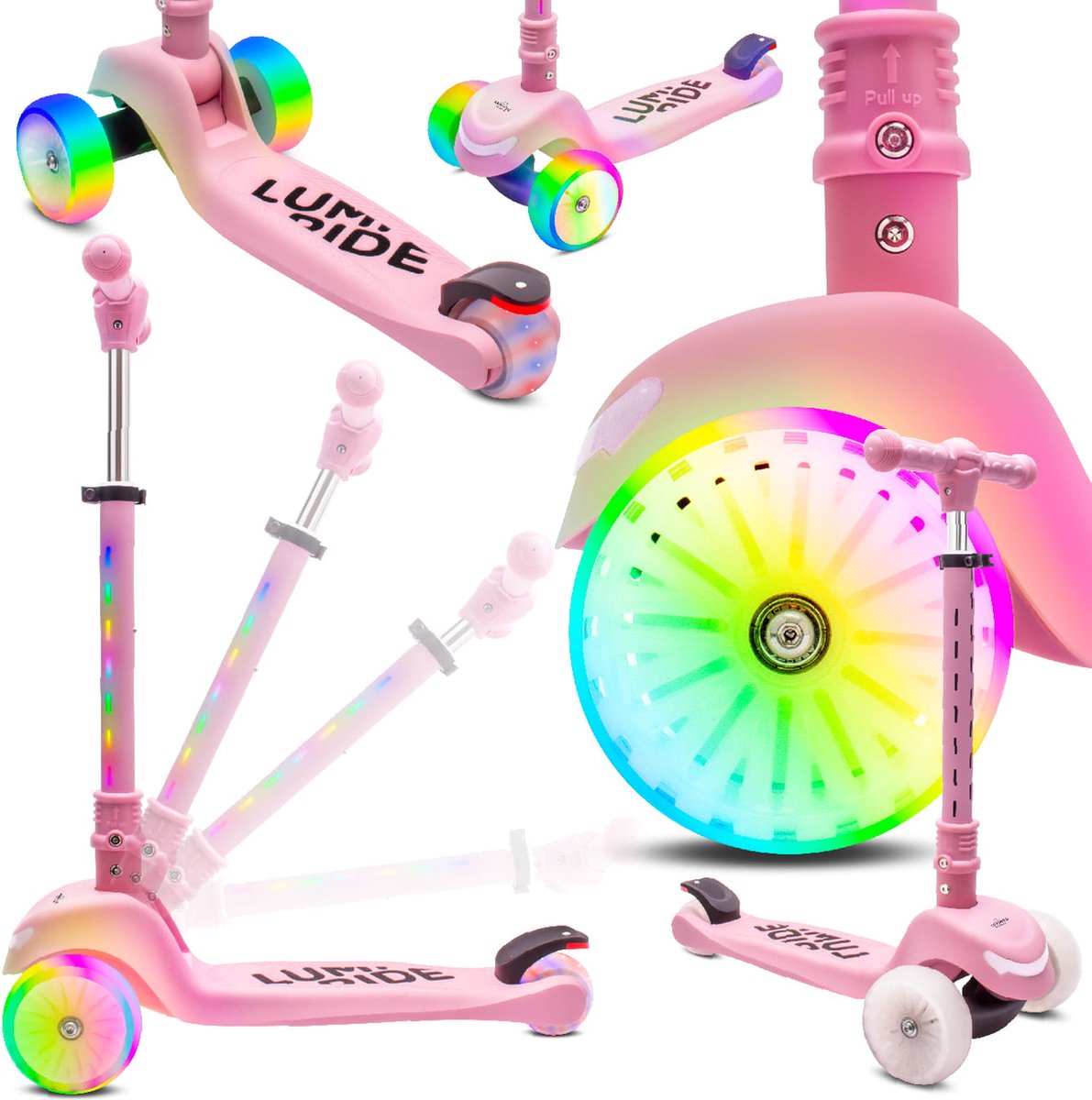LUMI RIDE Kinderstep 3 wielen, Scooter voor kinderen driewieler, Roze, Balance LED, Inklapbaar, Verstelbaar Stuur, Voetrem, Antislip Dek, Afneembaar Stuur