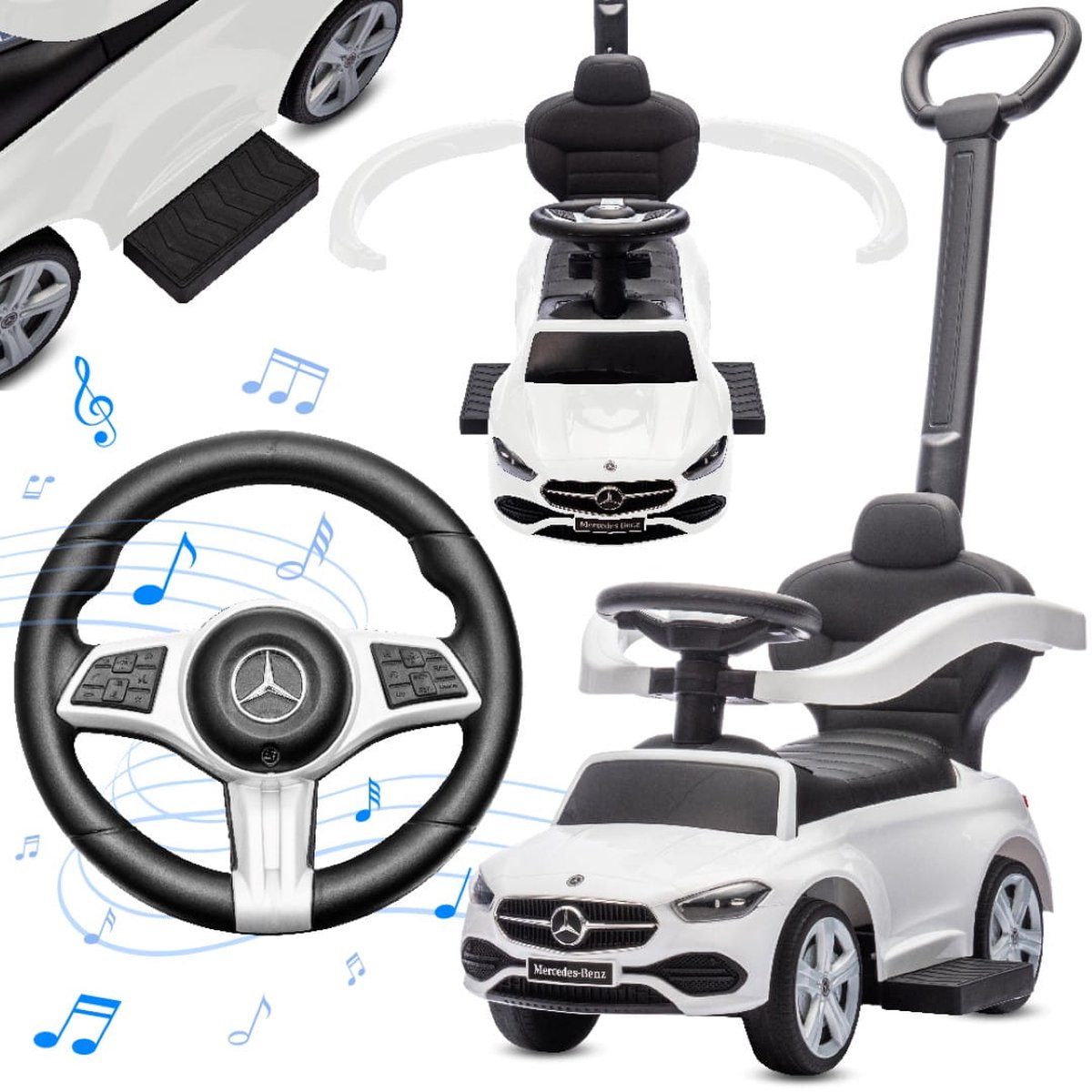Mercedes C-Class Kindervoertuig 4in1, loopauto met Claxon, Opbergruimte, Voetsteun, Duwstang, tot 2 jaar, max 27 kg, baby ride on (Wit)