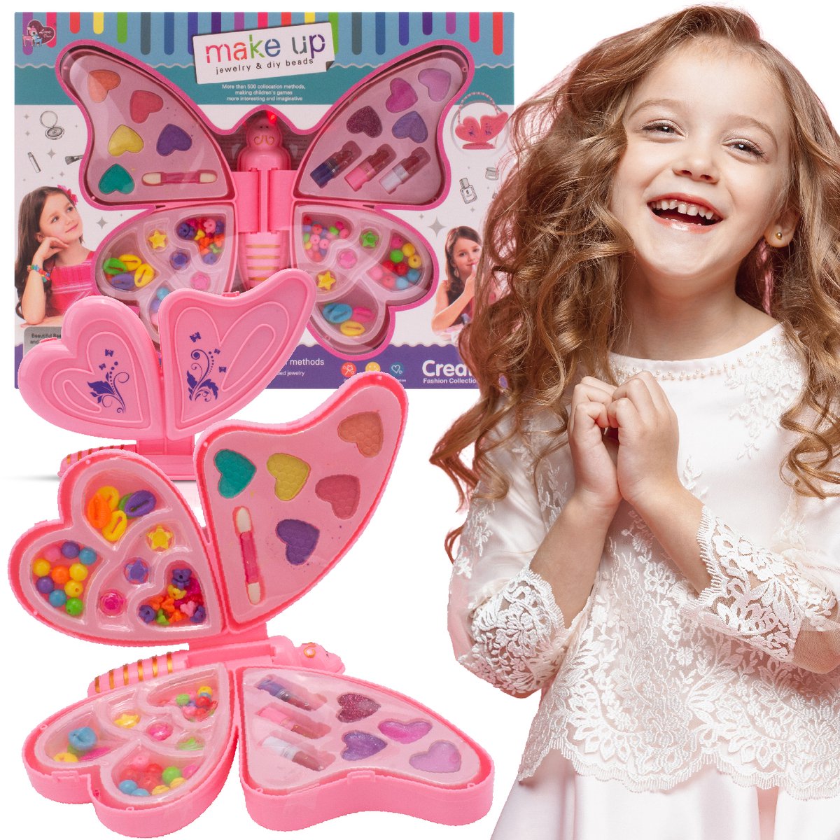 Sun Baby Creatieve Sieradenset voor Kinderen 3+, kralen, 2 slierten, 5 oogschaduw, applicator, 4 lipglosses, 3 lipsticks, vlinder verandert in een stijlvolle handtas met hengsel