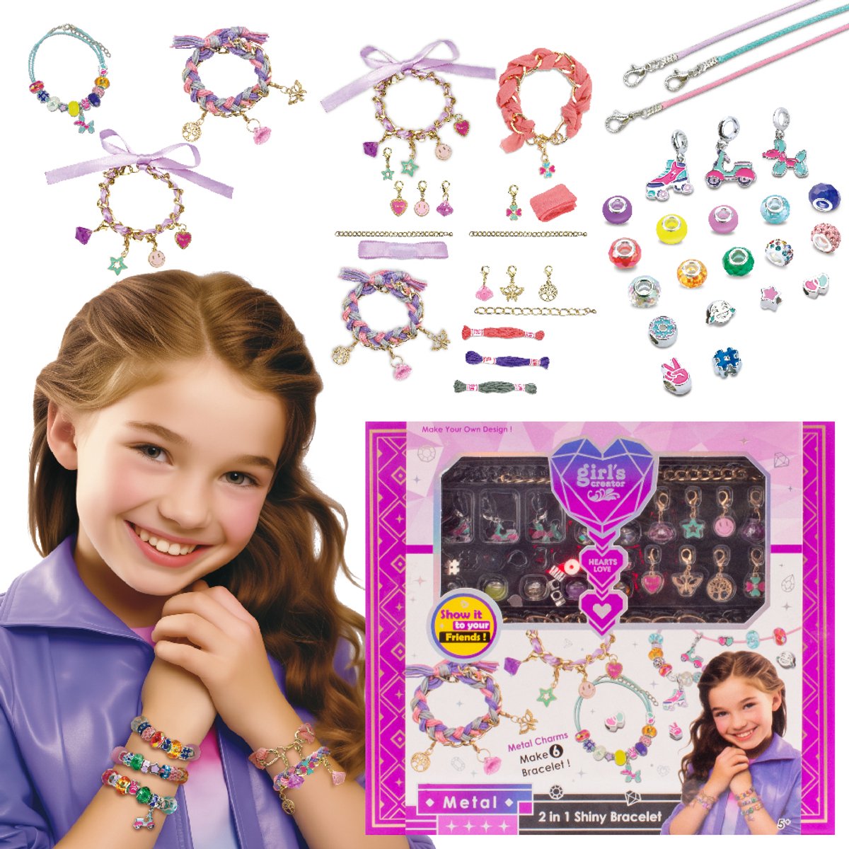   Creatieve Sieradenset voor Kinderen 5+, 3 metalen armbanden, 2 armbanden, thema hangers, bedels, 3 sterke flexibele koorden met sluitingen