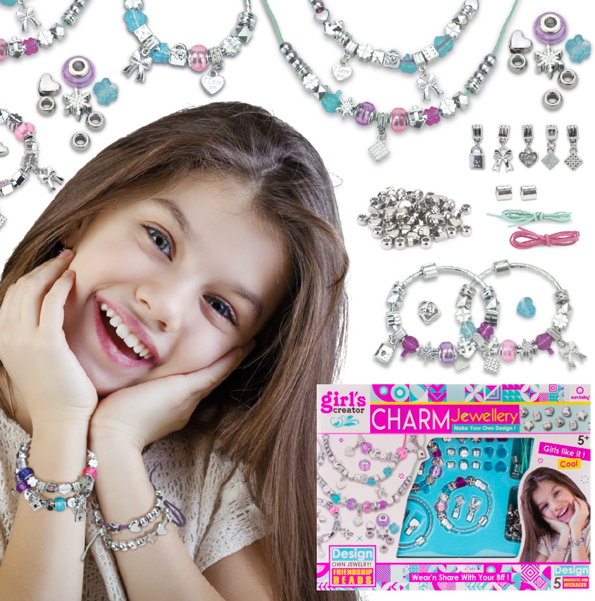 Sun Baby Creatieve Sieradenset voor Kinderen 5+, 3 metalen armbanden, 2 zachte satijnen linten in prachtige kleuren, parels, bedels, hangers