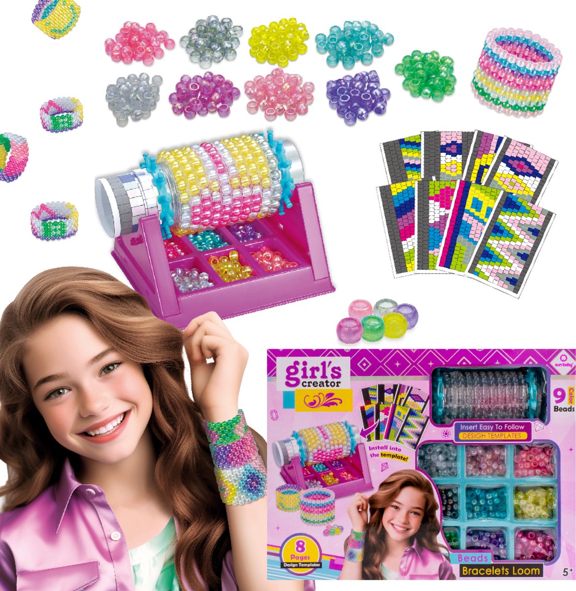 Sun Baby Creatieve Sieradenset voor Kinderen 5+, armbandenmaker, 9 kralensets, elastisch koord voor armbanden, 2 plastic naalden, 8 sjablonen
