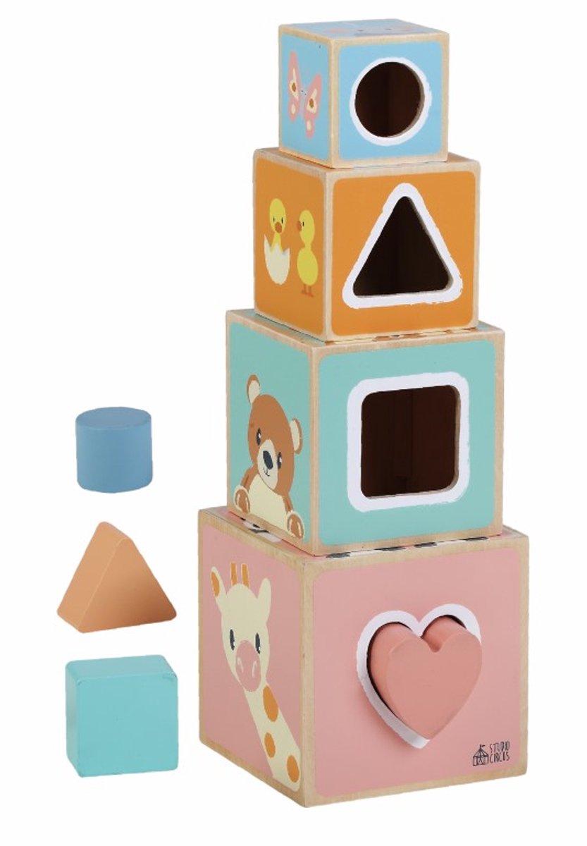 Sun Baby Houten speelgoed sorteerkist – sorteer- en vormenspel met dierenmotief – insteekspel voor vormen vanaf 12 maanden