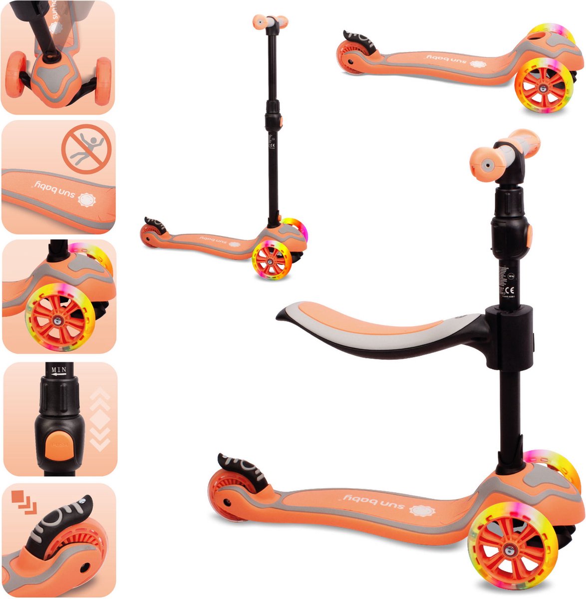 Sun Baby Scooter voor kinderen met Lichtgevende Wielen van 3 jaar, Kinderstep, Driewieler, Verstelbare Hoogtes, Childrens Scooter (Oranje)