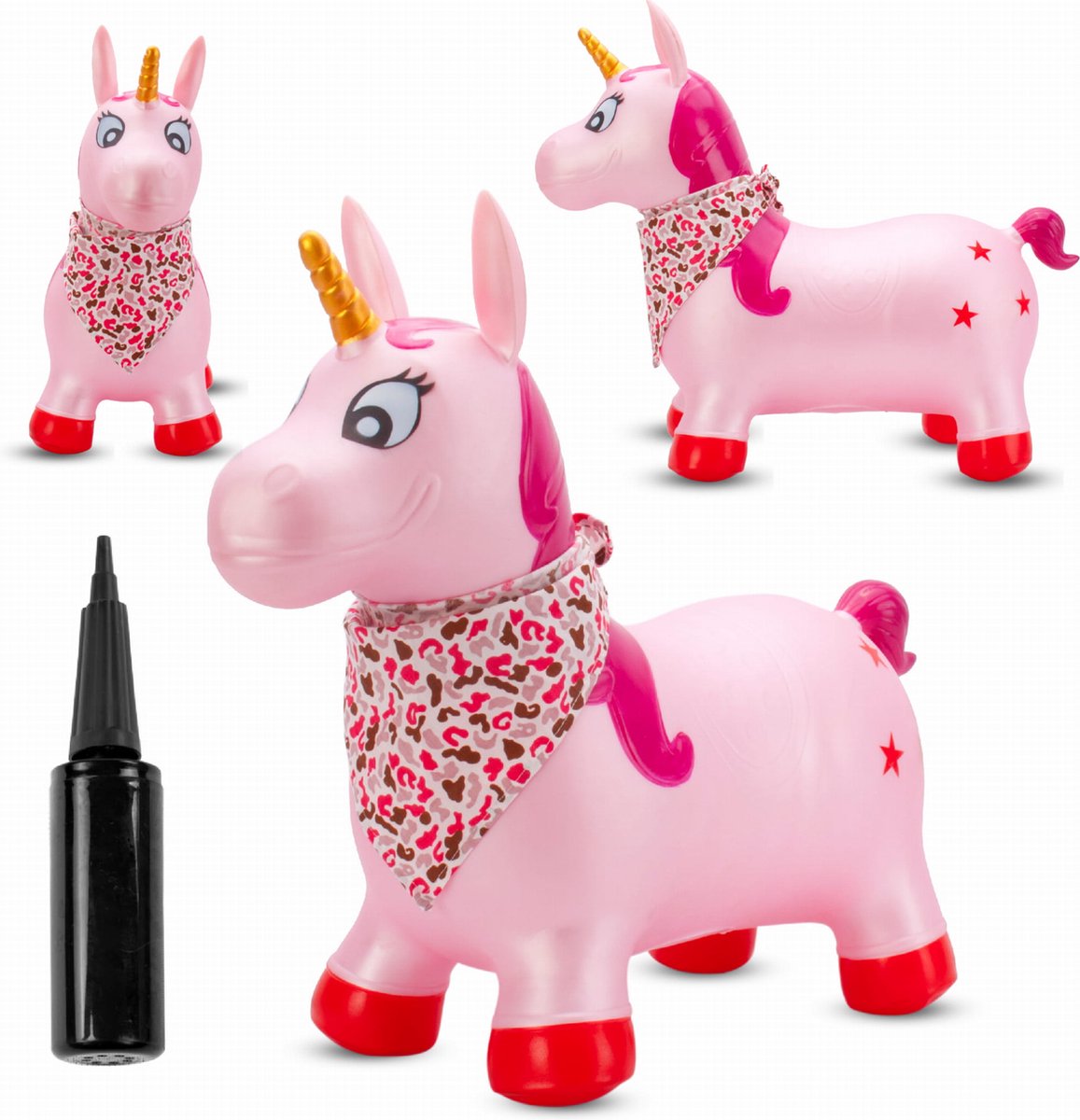 sun baby - Springdier met pomp vanaaf 1 jaar - Eenhoorn - roze met gouden hoorn - max 50kg, duurzaam rubber, gecertificeerd, bpa-vrij, springpaard, springhond
