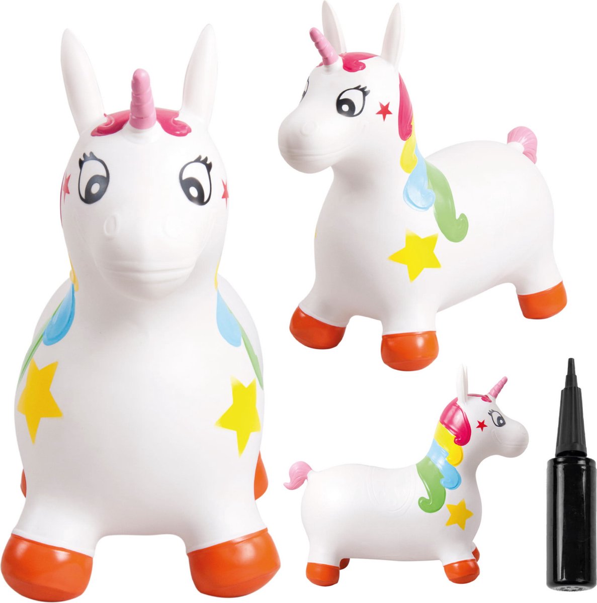 sun baby - Springdier met pomp vanaaf 1 jaar - Eenhoorn - wit met kleuren - max 50kg, duurzaam rubber, gecertificeerd, bpa-vrij, springpaard, springhond