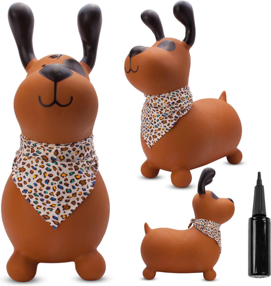 sun baby - Springdier met pomp vanaaf 1 jaar - Hond - bruin met bandana - max 50kg, duurzaam rubber, gecertificeerd, bpa-vrij, springpaard, springhond