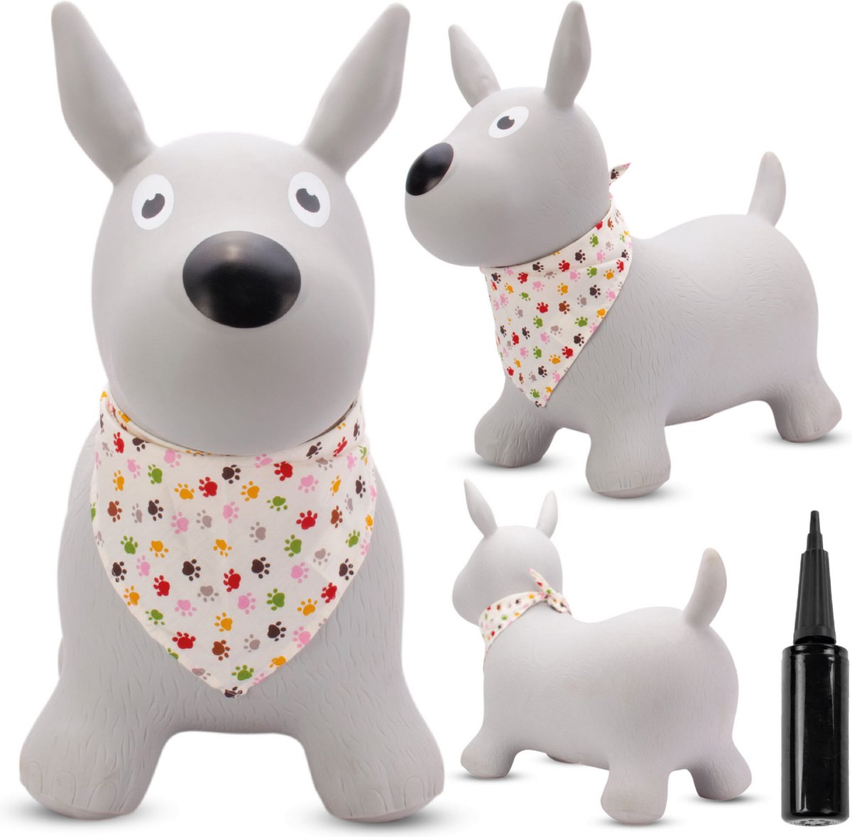 sun baby - Springdier met pomp vanaaf 1 jaar - Hond - grijs met sjaal - max 50kg, duurzaam rubber, gecertificeerd, bpa-vrij, springpaard, springhond