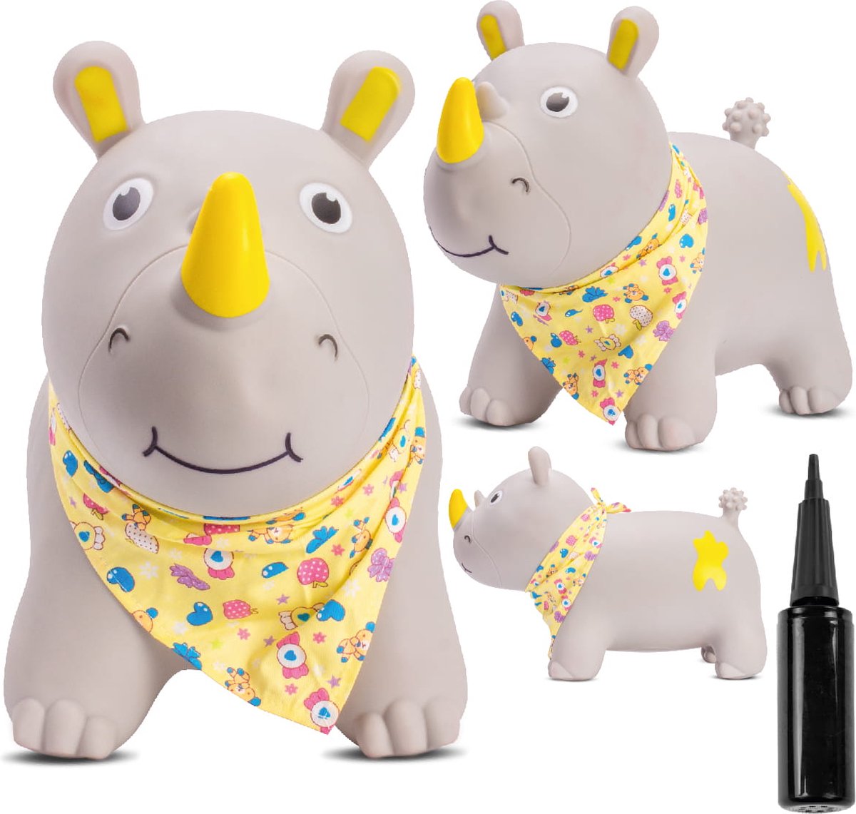 sun baby - Springdier met pomp vanaaf 1 jaar - Neushoorn - grijs met sjaal - max 50kg, duurzaam rubber, gecertificeerd, bpa-vrij, springpaard, springhond