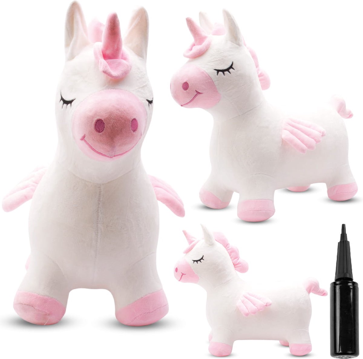 sun baby - Springdier met pomp vanaaf 1 jaar - Pluche eenhoorn - wit met vleugels - max 50kg, duurzaam rubber, gecertificeerd, bpa-vrij, springpaard, springhond