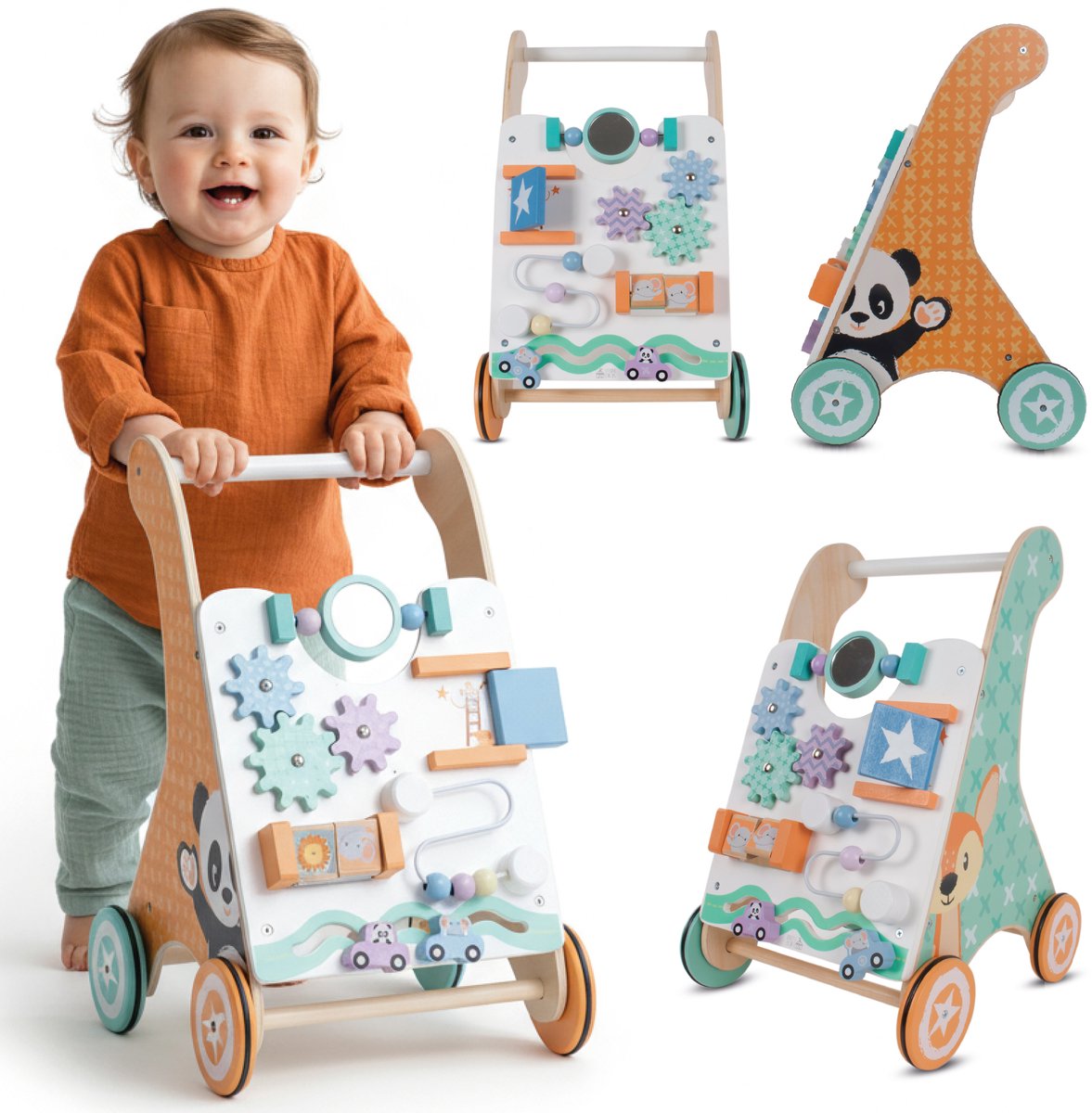 sun baby Babyspel en loopwagen - Wit, loopwagen speelbord met interactief speelgoedwielen, rubber, voor kinderen 12-36 maanden