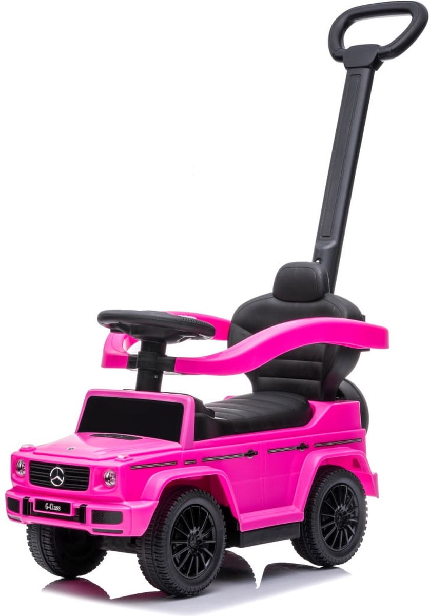 sun baby Duwauto voor kinderen, loopauto Mercedes Benz G met vergunning vanaf 12 maanden met stuur met geluid, kunststof stoel en wielen, duwstang, opbergvak onder stoel, nepreservewiel (Roze)