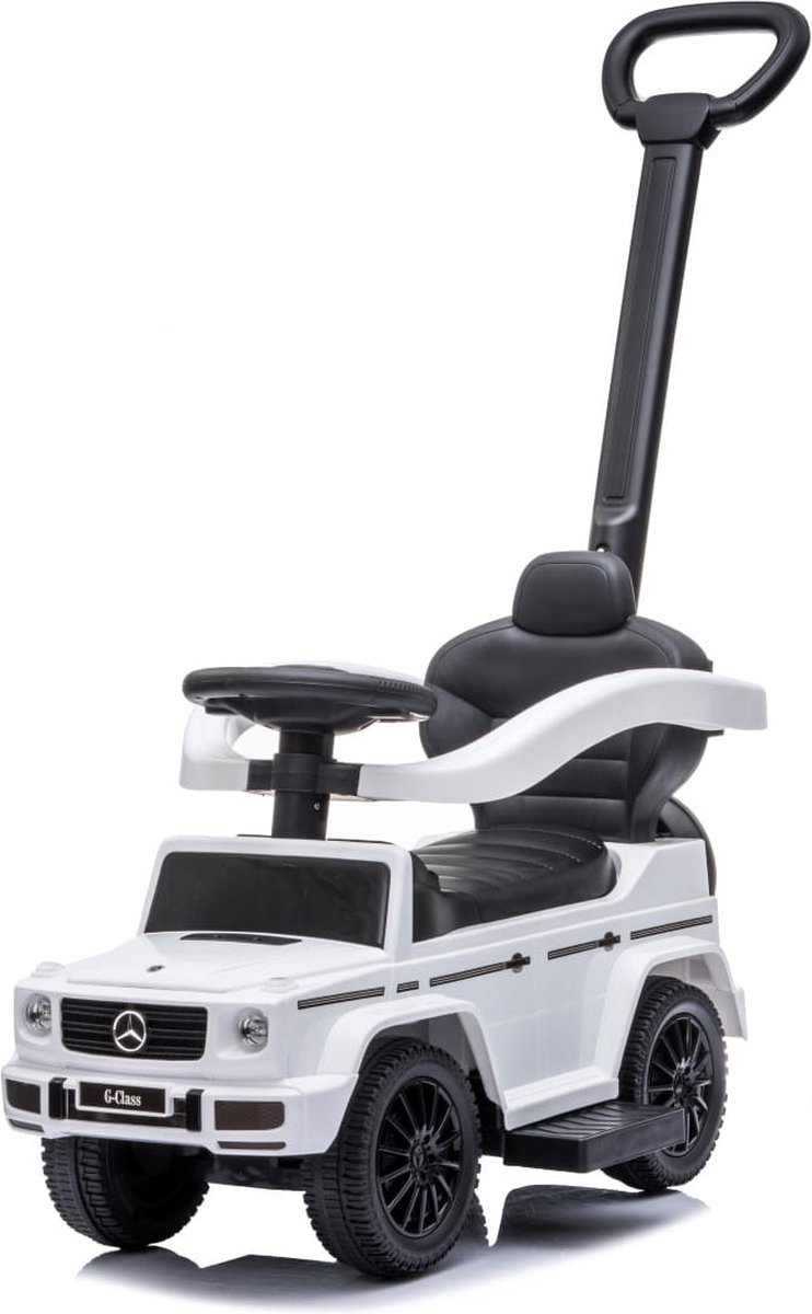 sun baby Duwauto voor kinderen, loopauto Mercedes Benz G met vergunning vanaf 12 maanden met stuur met geluid, kunststof stoel en wielen, duwstang, opbergvak onder stoel, nepreservewiel (Wit)