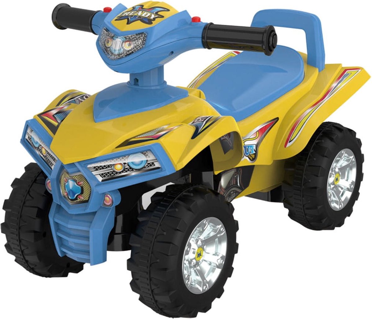 sun baby Kinderauto loopauto vanaf 1 jaar, baby quad, voertuig auto, Zwenkbare voorwielen, Claxon en motorgeluid in de stuurhendels, Opbergvak onder de zitting (Geel)