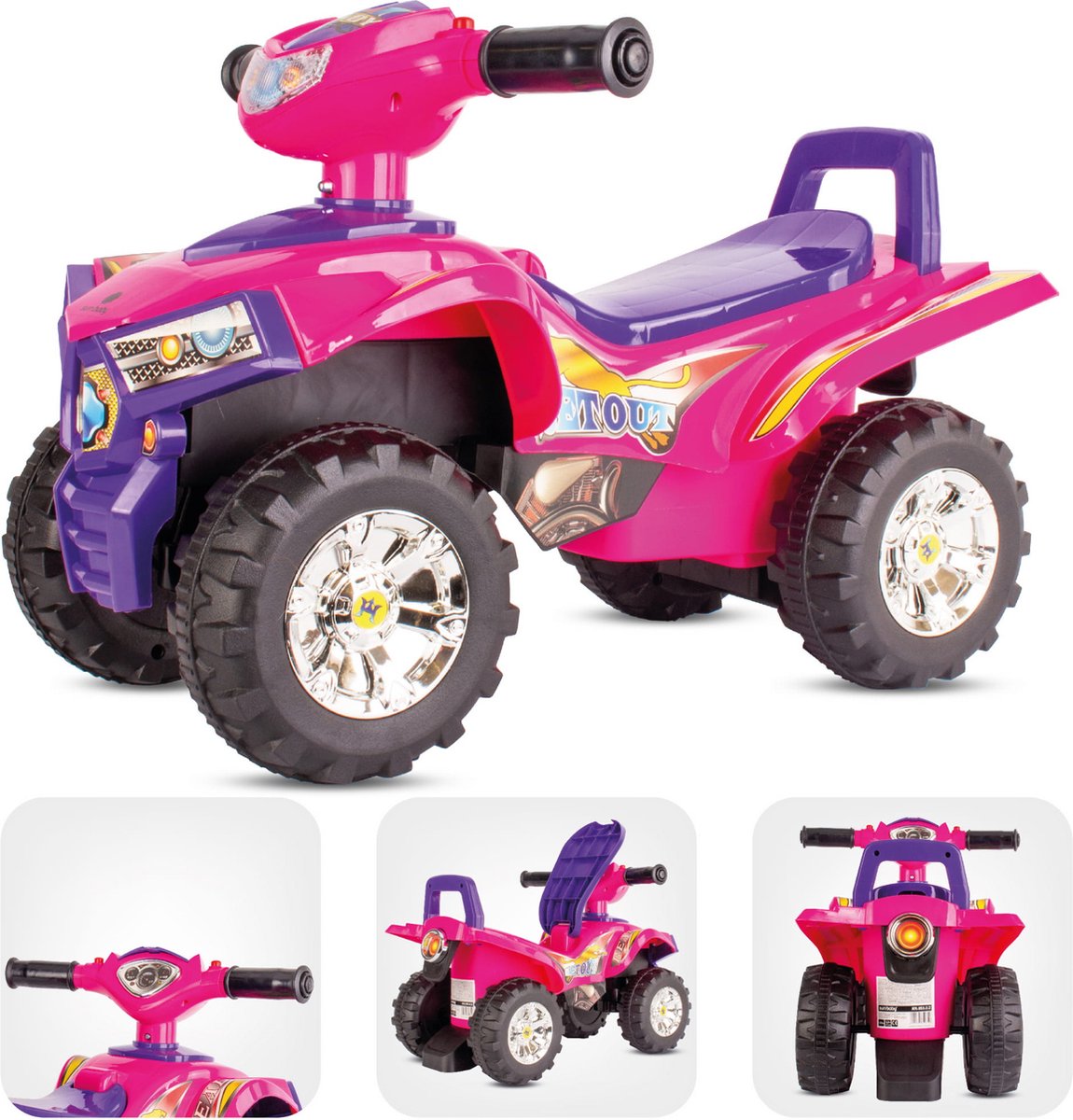 sun baby Kinderauto loopauto vanaf 1 jaar, baby quad, voertuig auto, Zwenkbare voorwielen, Claxon en motorgeluid in de stuurhendels, Opbergvak onder de zitting (Roze)