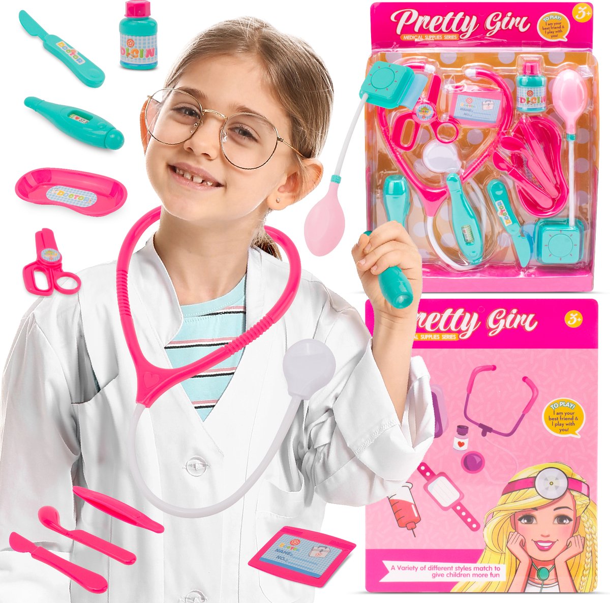 sun baby Kleine Dokter Set 3+ – 12 accessoires (stethoscoop, thermometer en meer), naamplaatje voor de gegevens van de dokter