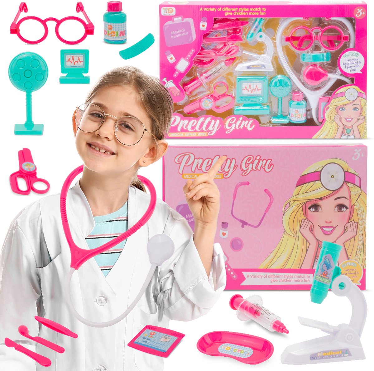 sun baby Kleine Dokter Set 3+ – 14 accessoires (stethoscoop, spuit, bril, microscoop en meer), naamplaatje voor de gegevens van de dokter