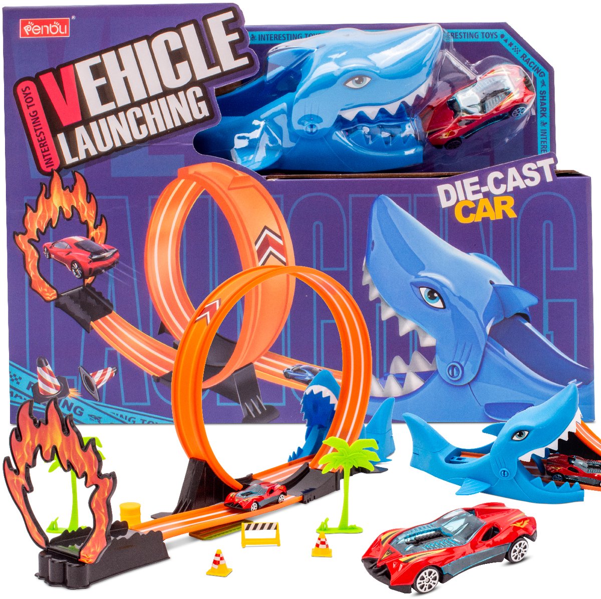 sun baby   Haai 3+ – lanceerplatform, baan met lus, raceauto, stickers – baanafmetingen 128x24x4 cm